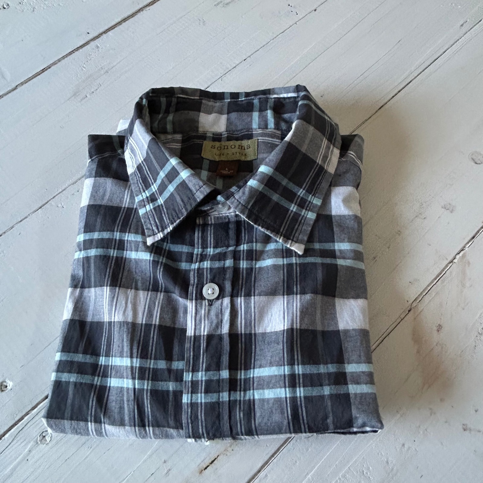 Sonoma Life Style Mens L Plaid Short Sleeve Pearl Snap Shirt Casual